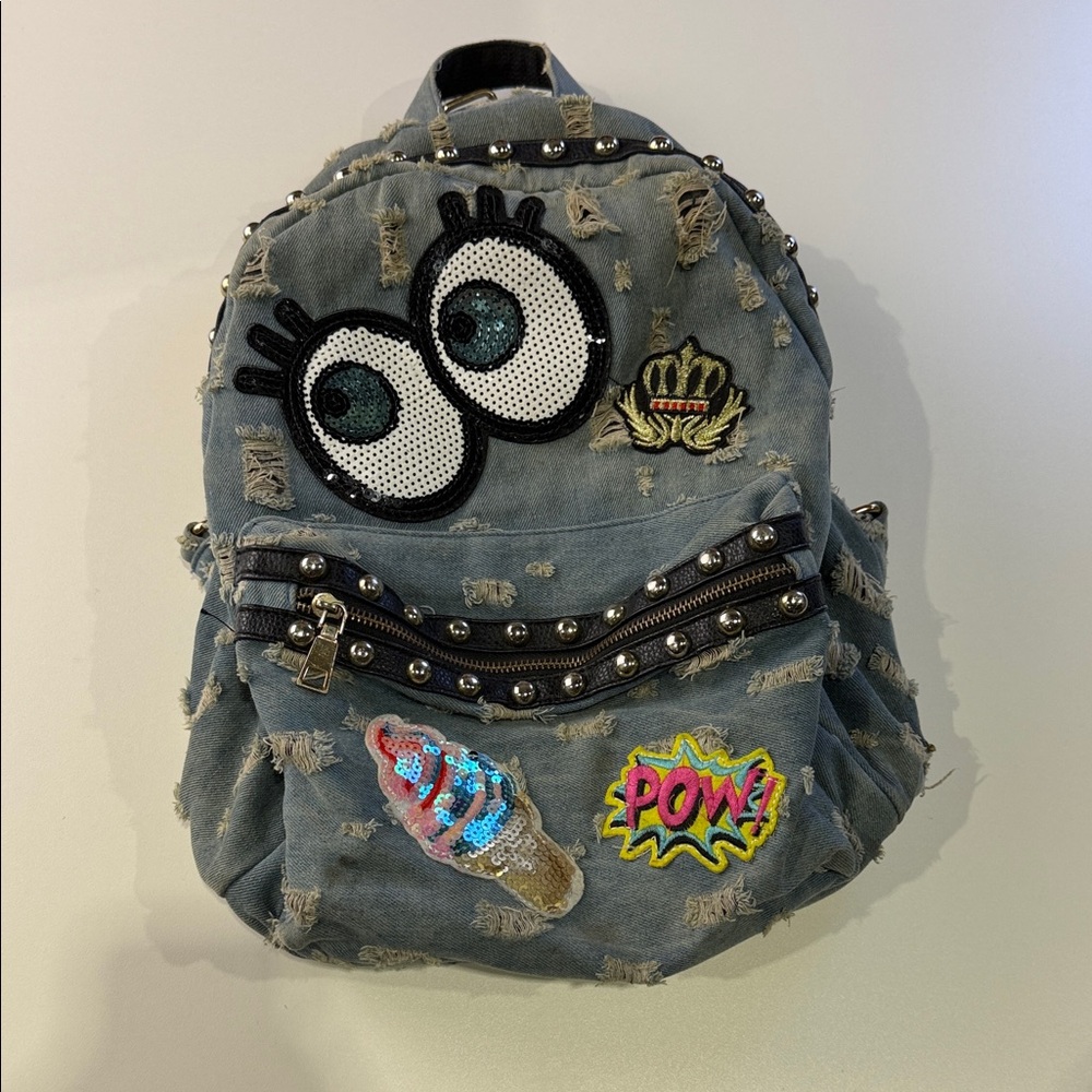 Kids Denim Backpack with Eye and Ice Cream Patches